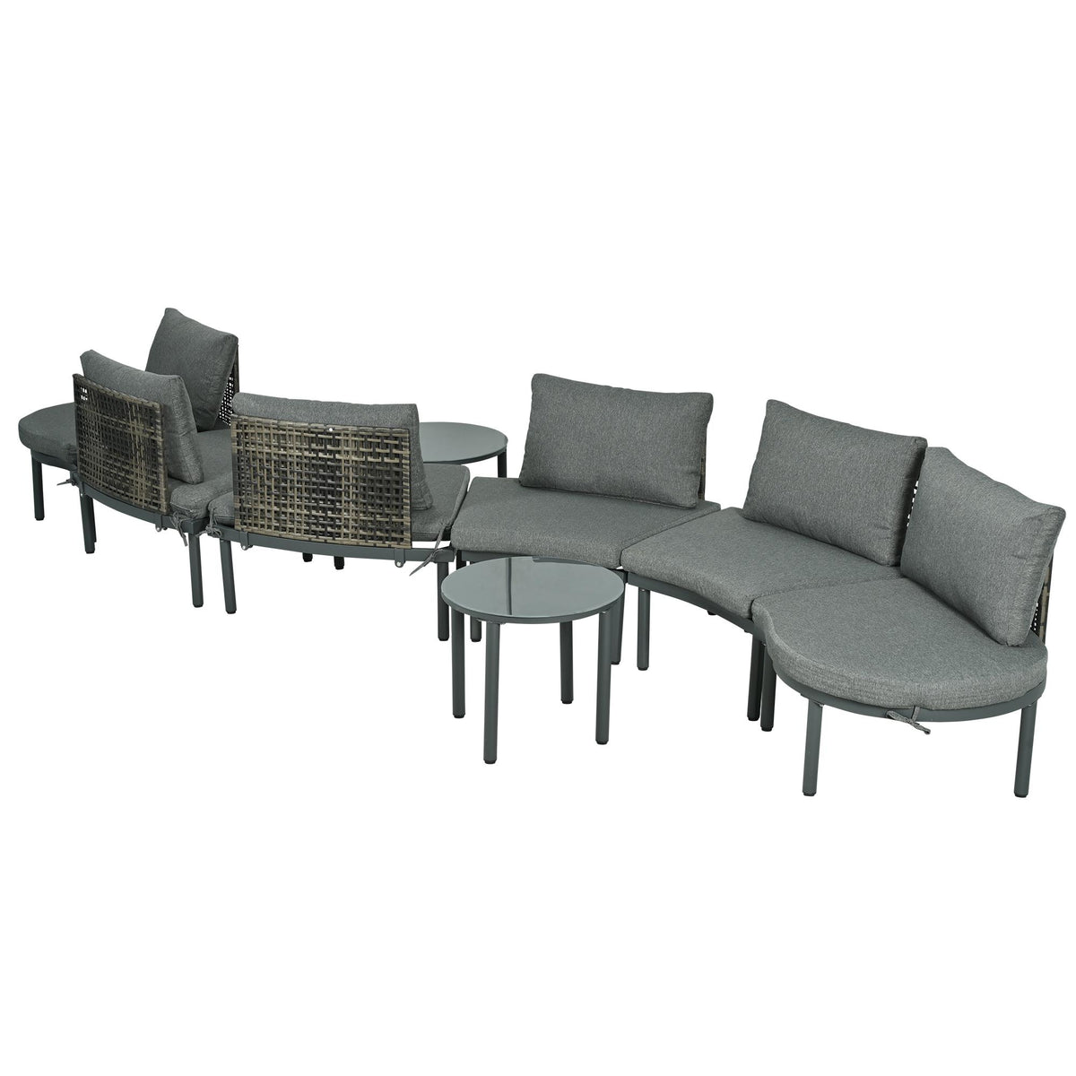 8-Piece Half Moon Sectional Sofa with 2 Coffee Table & Cushion, PE Wicker Patio Furniture for Backyard, 34.5'' L x 25.5'' W x 12.5'' H, Gray