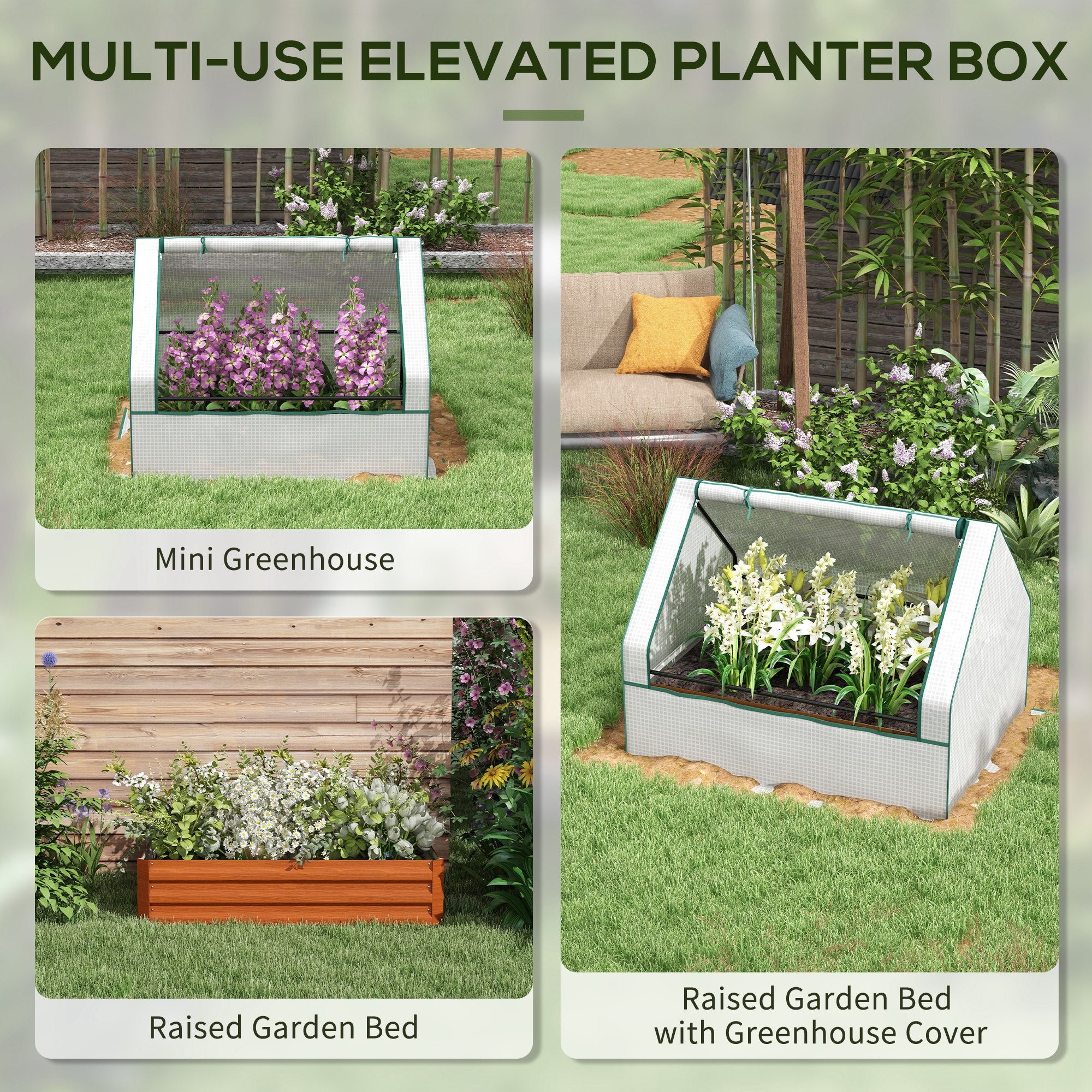 Raised Garden Bed, Outdoor Metal Planter Box with Mini Greenhouse, White and Brown