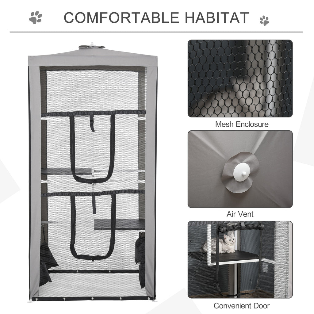 79"H Cat House Kitten Enclosure Mesh Playpen Steel Frame with 3 Platforms, 2 Doors and 4 Sandbags for Stability, Indoor/Outdoor