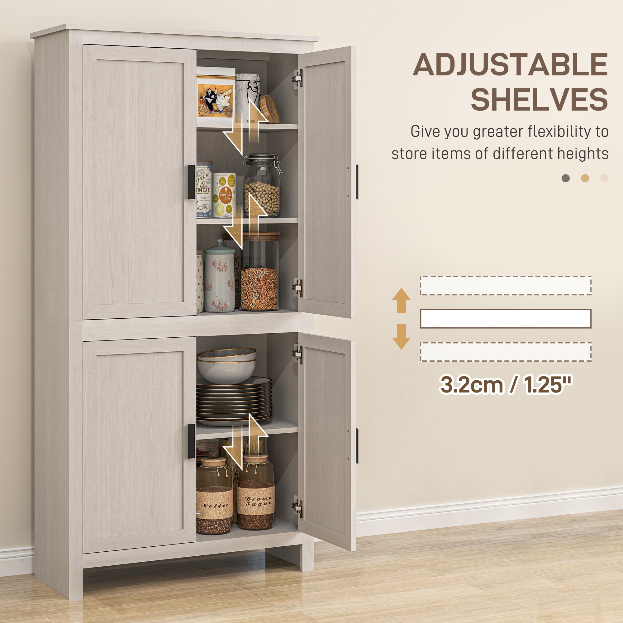 64" 4-Door Kitchen Pantry, Freestanding Storage Cabinet with 3 Adjustable Shelves for Kitchen, Antique White