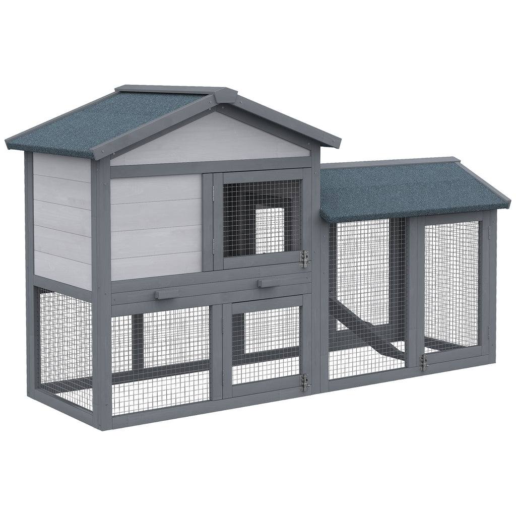 58" Large Rabbit Hutch Outdoor Indoor, Wooden Bunny Hutch, Guinea Pig Cage with Run, Removable Tray, Asphalt Roof, Lockable Doors and Ramp, for 1-2 Small Rabbits, Chickens, Ducks, Dark Gray