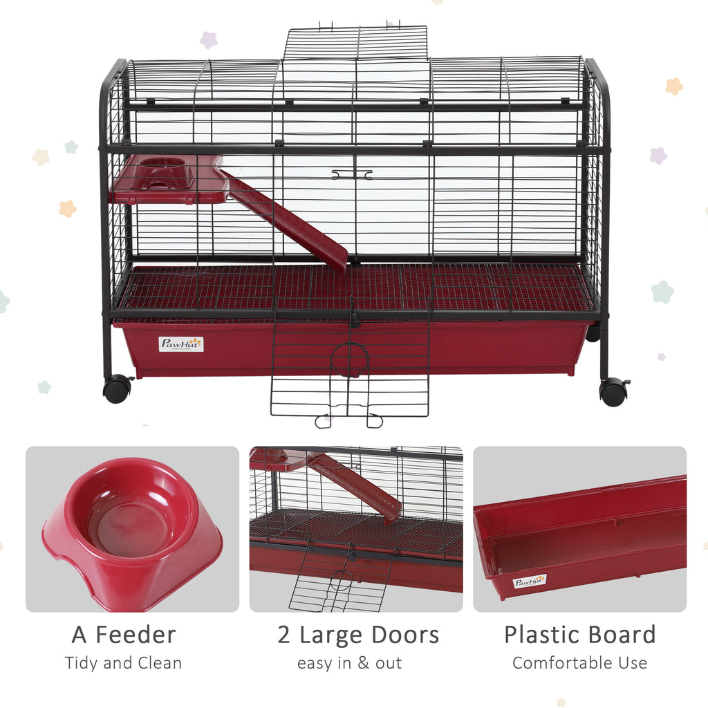 41"L Small Animal Cage, Pet Play House for Rabbit Hutch Ferret with Feeder, Rolling Wheels, Platform, Ramp