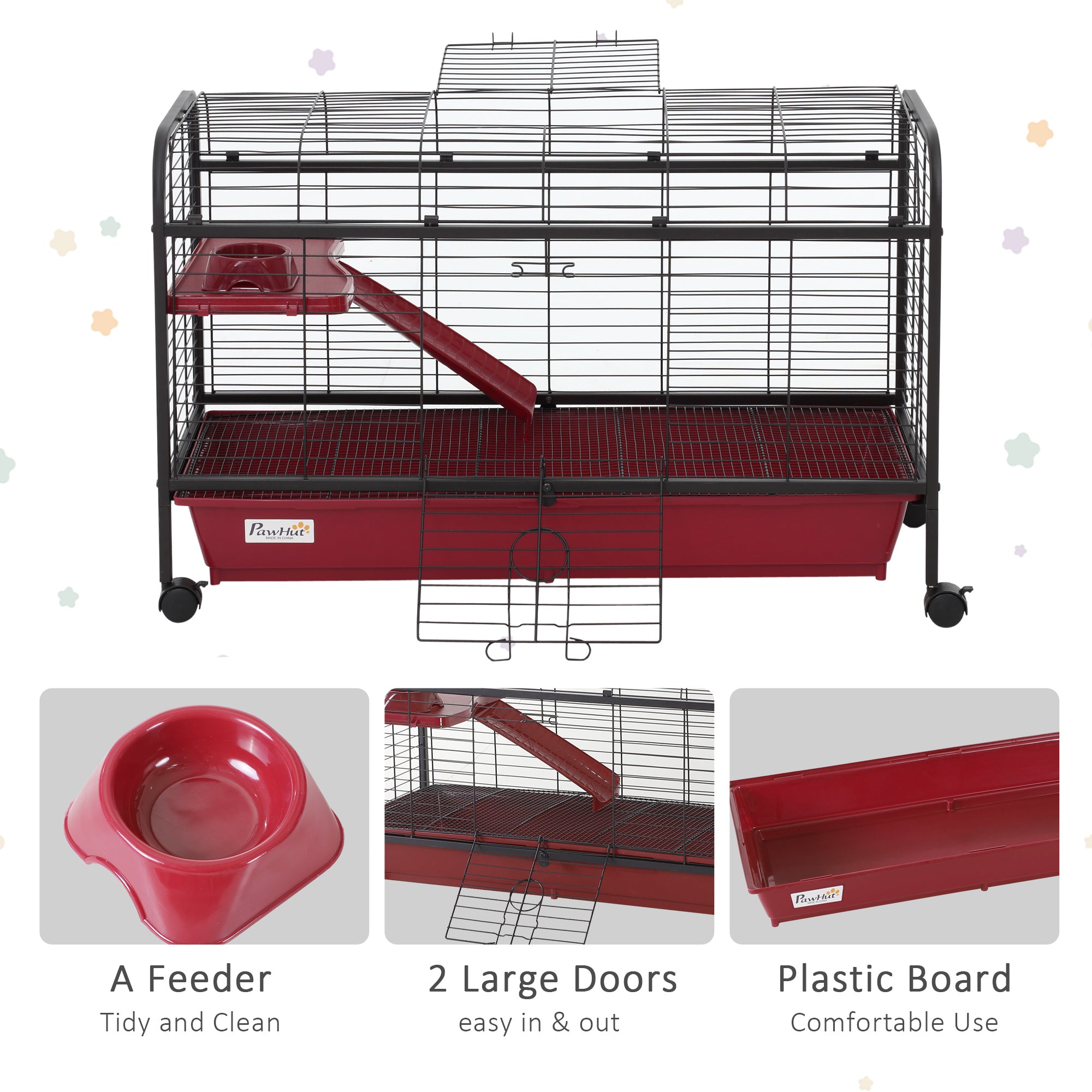 41"L Small Animal Cage, Pet Play House for Rabbit Hutch Ferret with Feeder, Rolling Wheels, Platform, Ramp