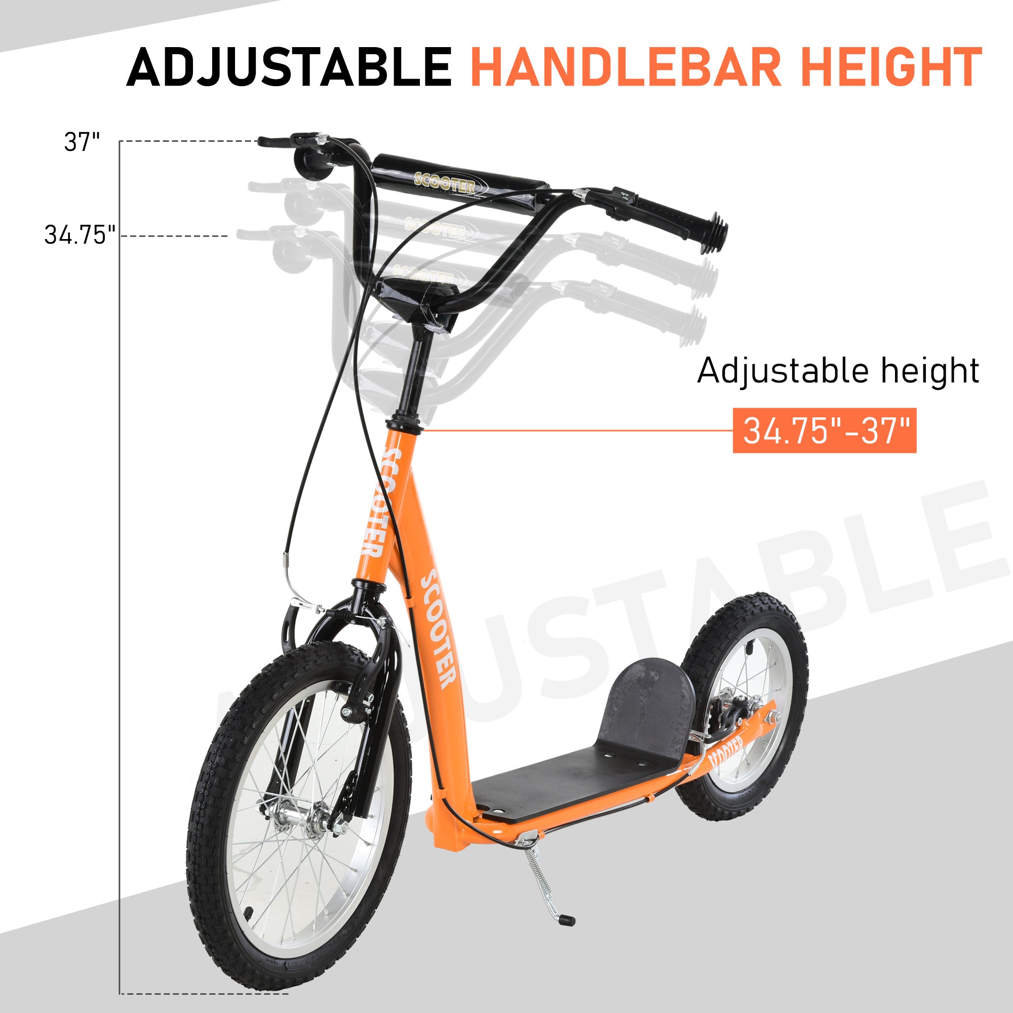 Youth Scooter Kick Scooter for Kids 5+ with Adjustable Handlebar 16" Front and 12" Rear Dual Brakes Inflatable Wheels, Orange