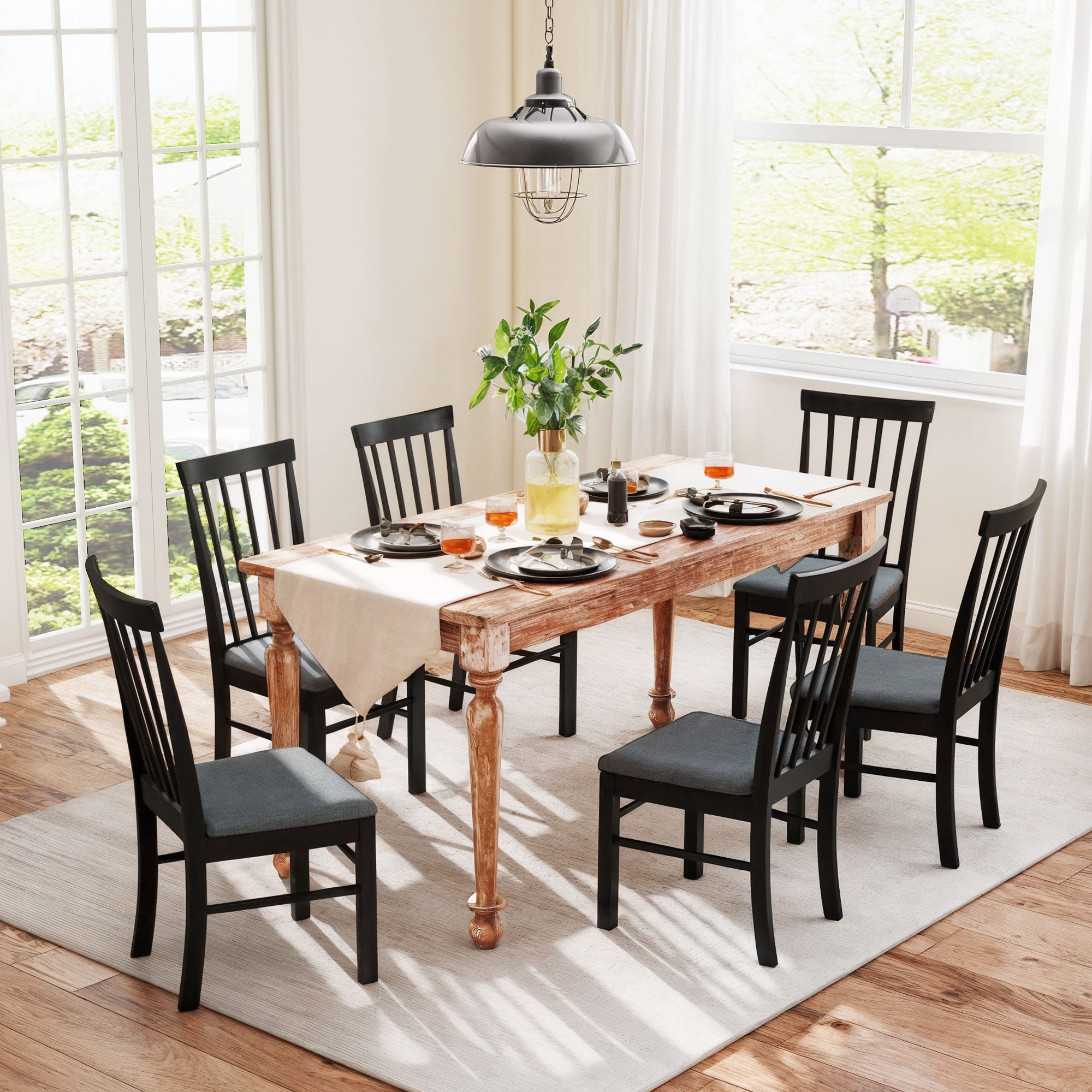 Wooden Dining Chairs Set of 4, Farmhouse Upholstered Kitchen Chairs with Rubber Wood Frame, Black and Gray