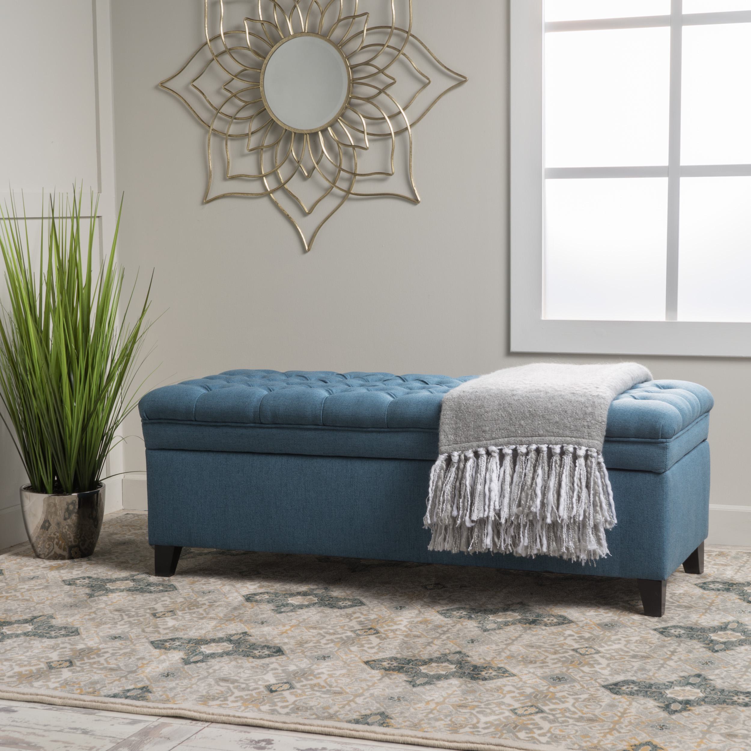 Storage Ottoman with Birch Legs, Hand-Tufted Fabric, 50" L x 20.5" W x 18.25" H, Spot Clean, Blue