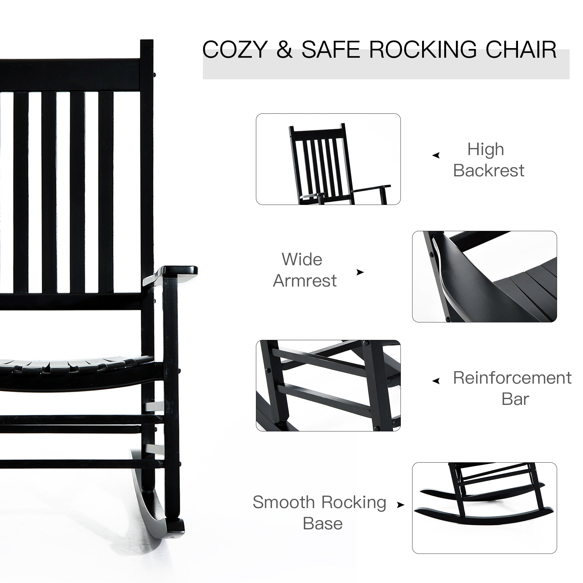 Wooden Outdoor Rocking Chair with Armrests, High Back for Garden, Patio, Balcony, Porch, Black