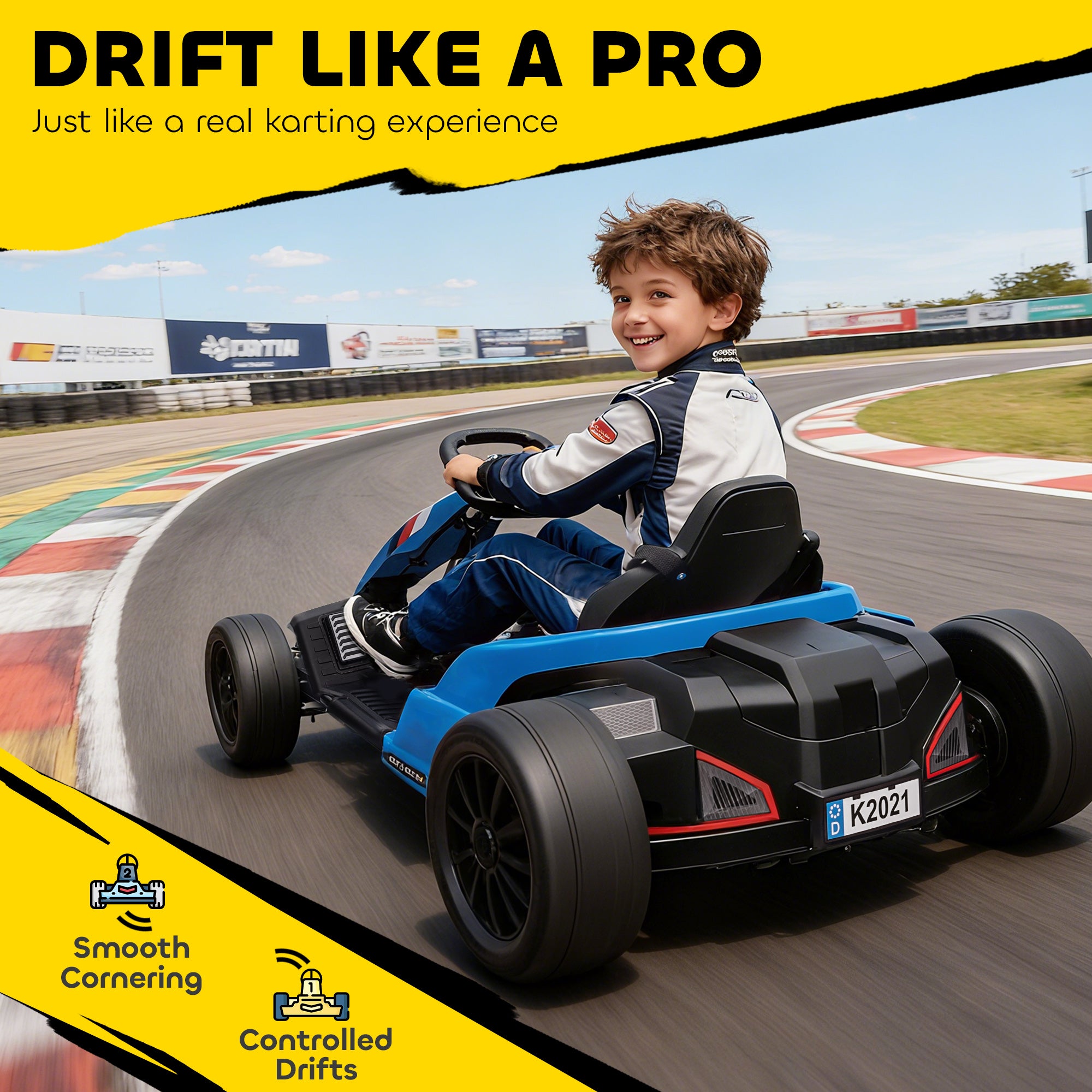 24V Electric Go Kart with Dual 150W Motors, Adjustable Seat & 11.2MPH High Speed, Slow Start, 5-Point Harness, Blue