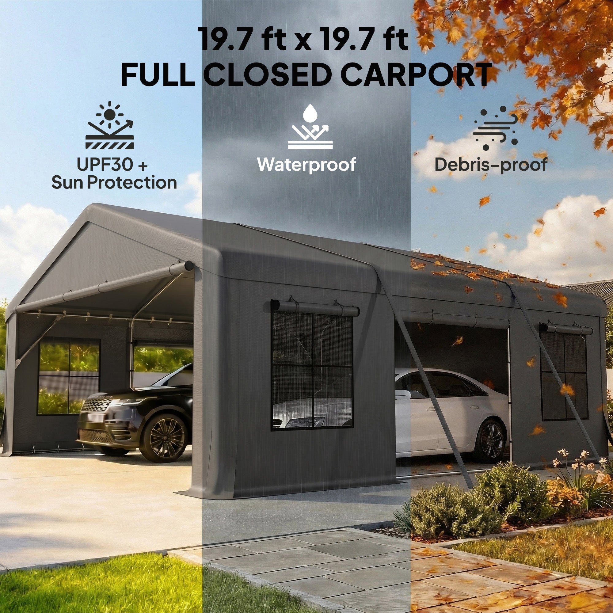 20' x 20' Heavy Duty Carport, Portable Garage Car Canopy Tent Shelter with 3 Roll-up Doors, 4 Windows, Dark Gray
