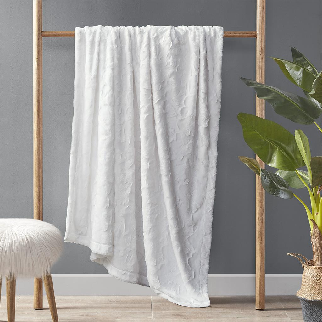 Luxurious Oversized Faux Fur Throw with Solid Mink Reverse, Machine Washable Blanket with Easy Maintenance, 70" L x 60" W x 0.25" H, White