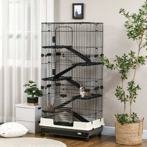32"L 6-Level Small Animal Cage Rabbit Hutch with Universal Lockable Wheels, Slide-out Tray for Bunny, Chinchillas, Ferret, Black
