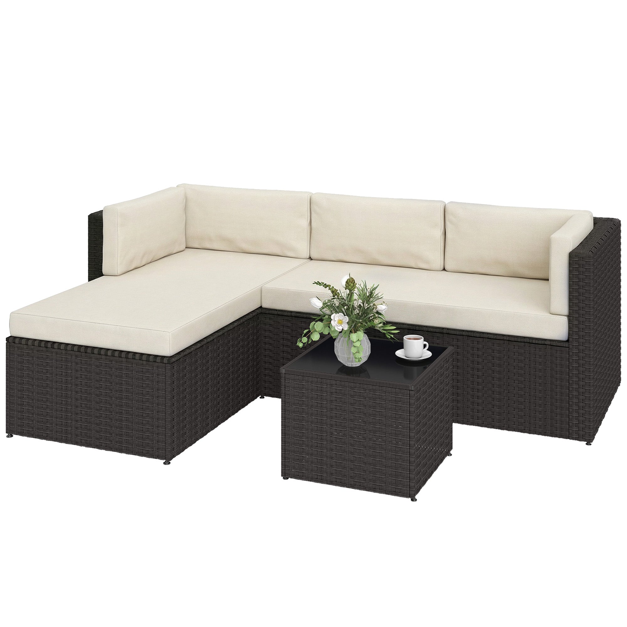 3 Piece Patio Furniture Set, Wicker Outdoor Patio Conversation Furniture Set with Cushions, Glass Top Table, Beige