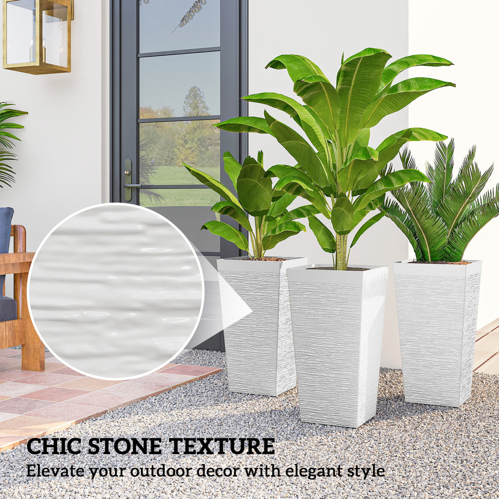 22.8 Inch Set of 3 Outdoor Planters with Stone Finish and Wheels, Stackable Tapered Planters with Drainage Hole, White