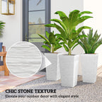 22.8 Inch Set of 3 Outdoor Planters with Stone Finish and Wheels, Stackable Tapered Planters with Drainage Hole, White