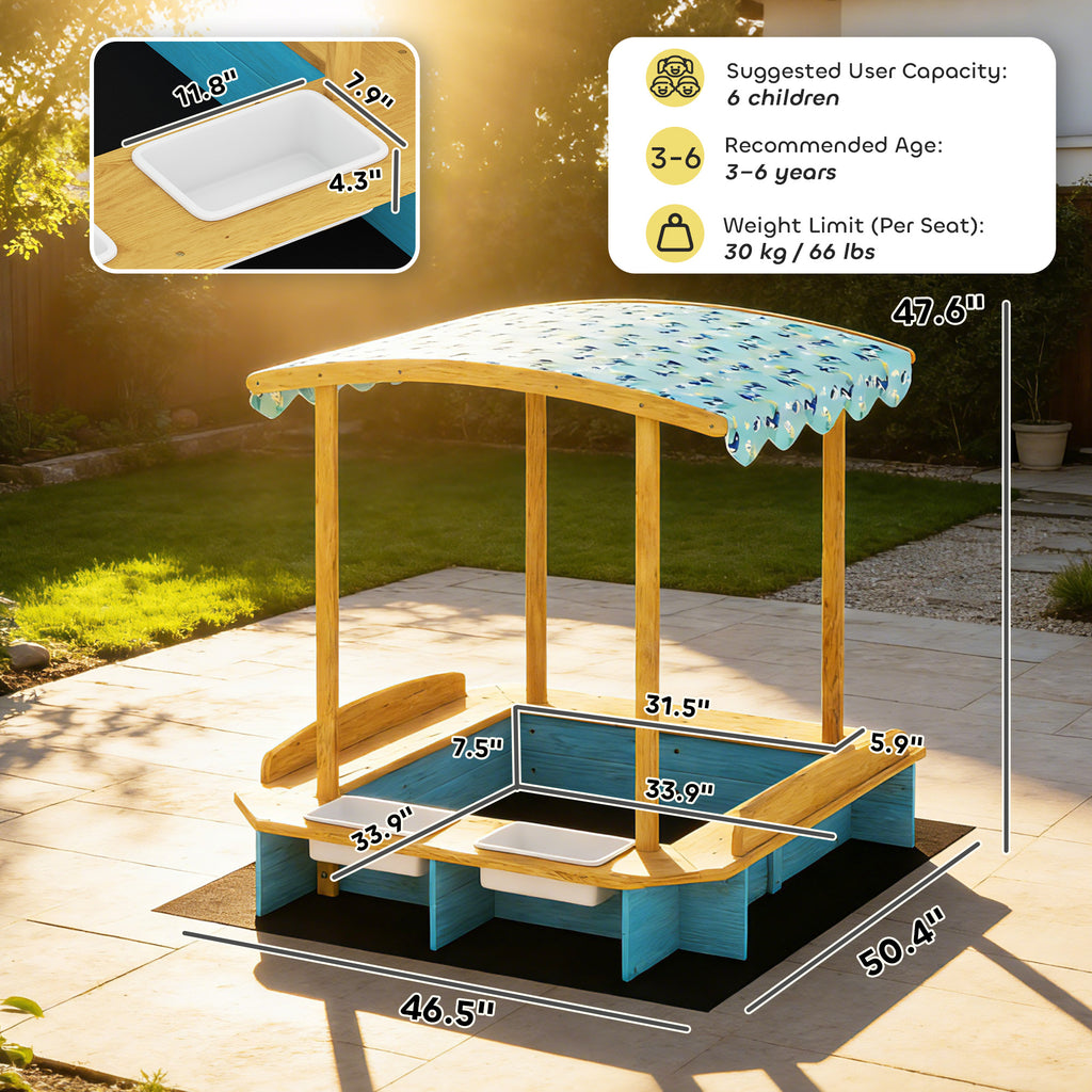 Wooden Sandbox with Dinosaur Print Canopy Kids Sandbox Outdoor with Bench Seats & 2 Storage Bins