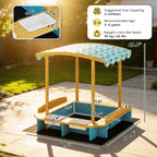Wooden Sandbox with Dinosaur Print Canopy Kids Sandbox Outdoor with Bench Seats & 2 Storage Bins