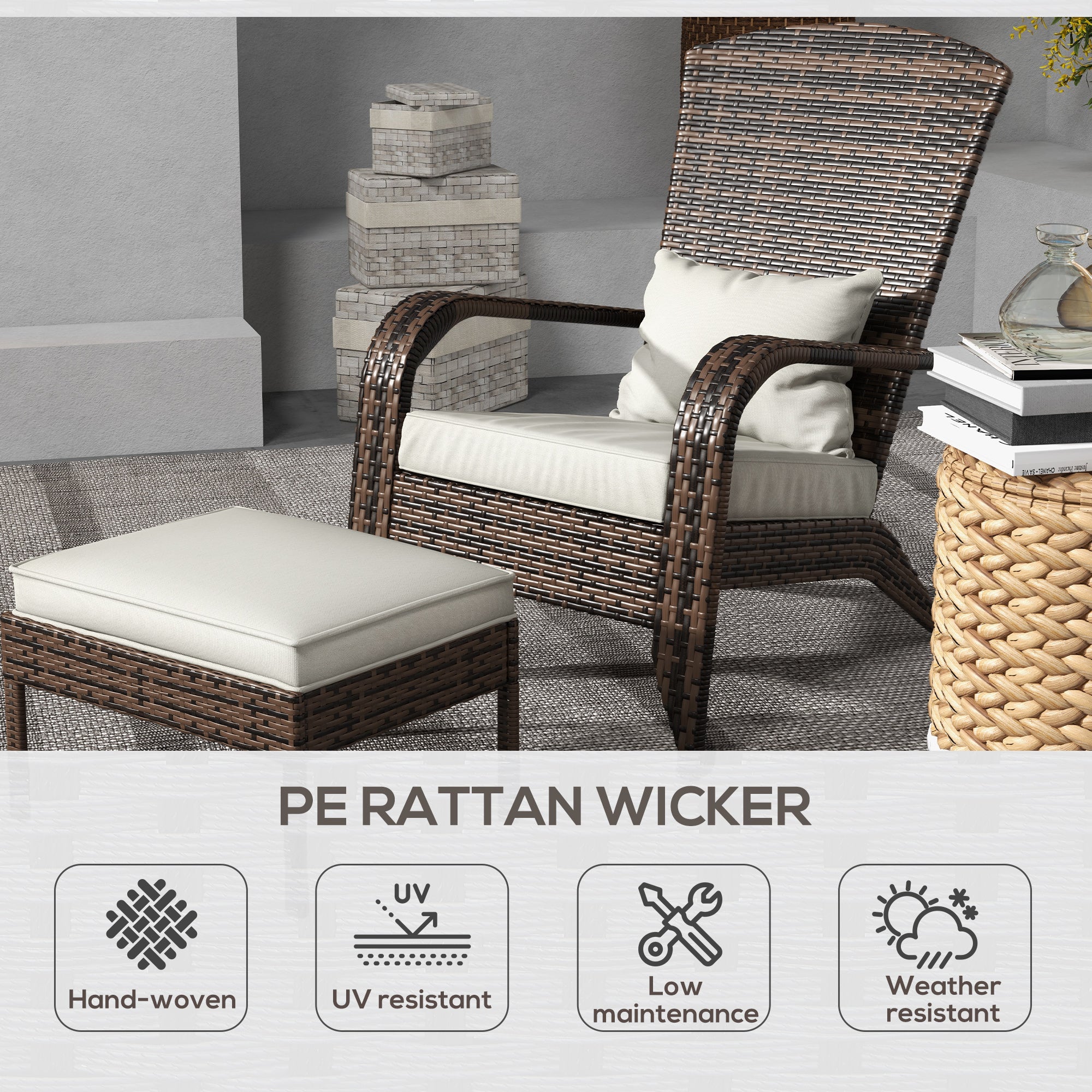 Wicker Adirondack Chair Fire Pit Chair w/ Ottoman & Cushions, White