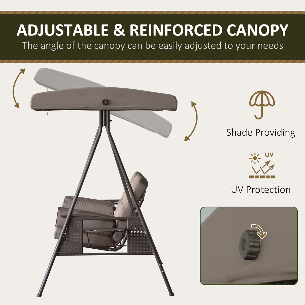 3-Seat Patio Swing Chair, Outdoor Porch Swing Glider with Adjustable Canopy, Removable Cushion, Pillows and Side Trays, for Garden, Poolside, Backyard, Brown