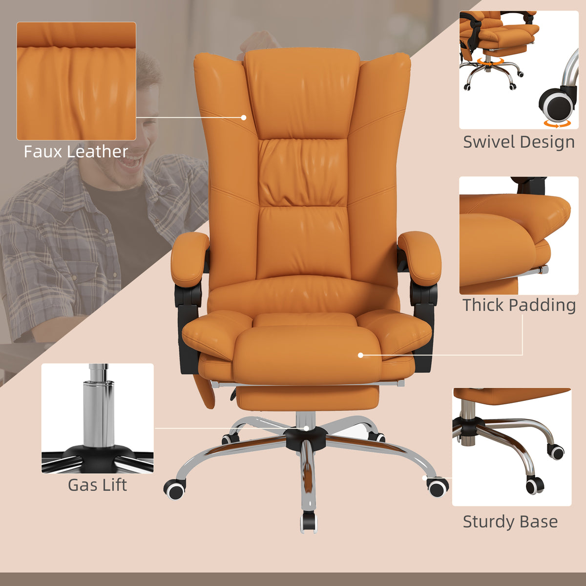 PU Leather Executive Massage Office Chair with 4 Vibration, Reclining w/ Adjustable Height, Swivel Wheels, Light Brown