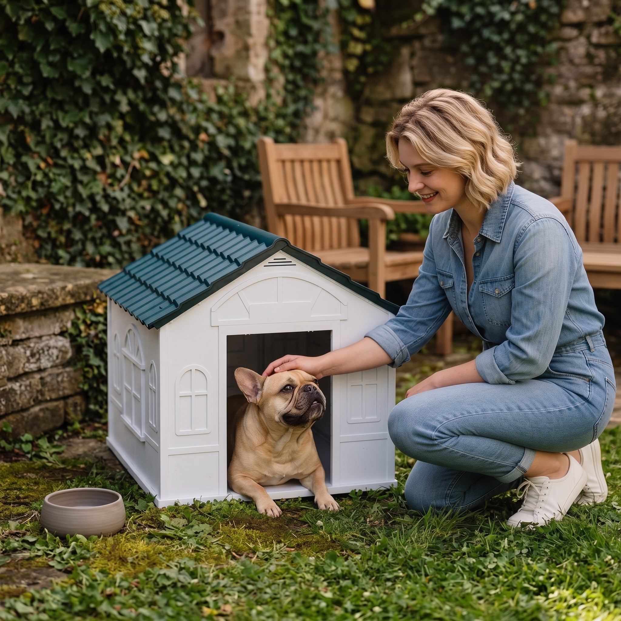 Plastic Dog House for Medium and Small Dogs, Water Resistant Puppy Shelter Indoor Outdoor with Door, Easy to Assemble, Blue