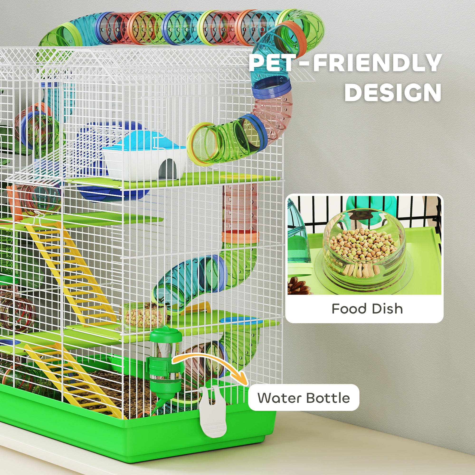 18.5" 5 Tier Hamster Cage with Tubes and Tunnels, Small Animal Cage, Rat Gerbil Cage with Water Bottle, Food Dish, Exercise Wheel, Green
