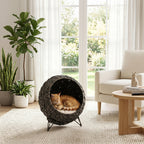 Rattan Cat Bed, Elevated Handwoven Cat Basket Bed with Soft Cushion and Metal Base