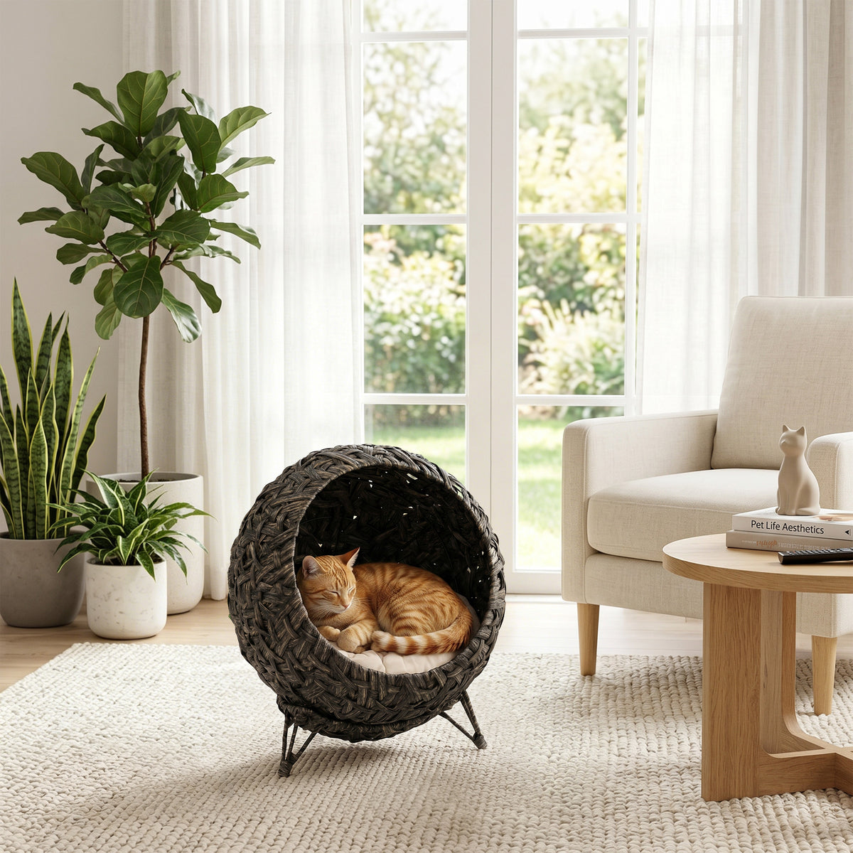 Rattan Cat Bed, Elevated Handwoven Cat Basket Bed with Soft Cushion and Metal Base