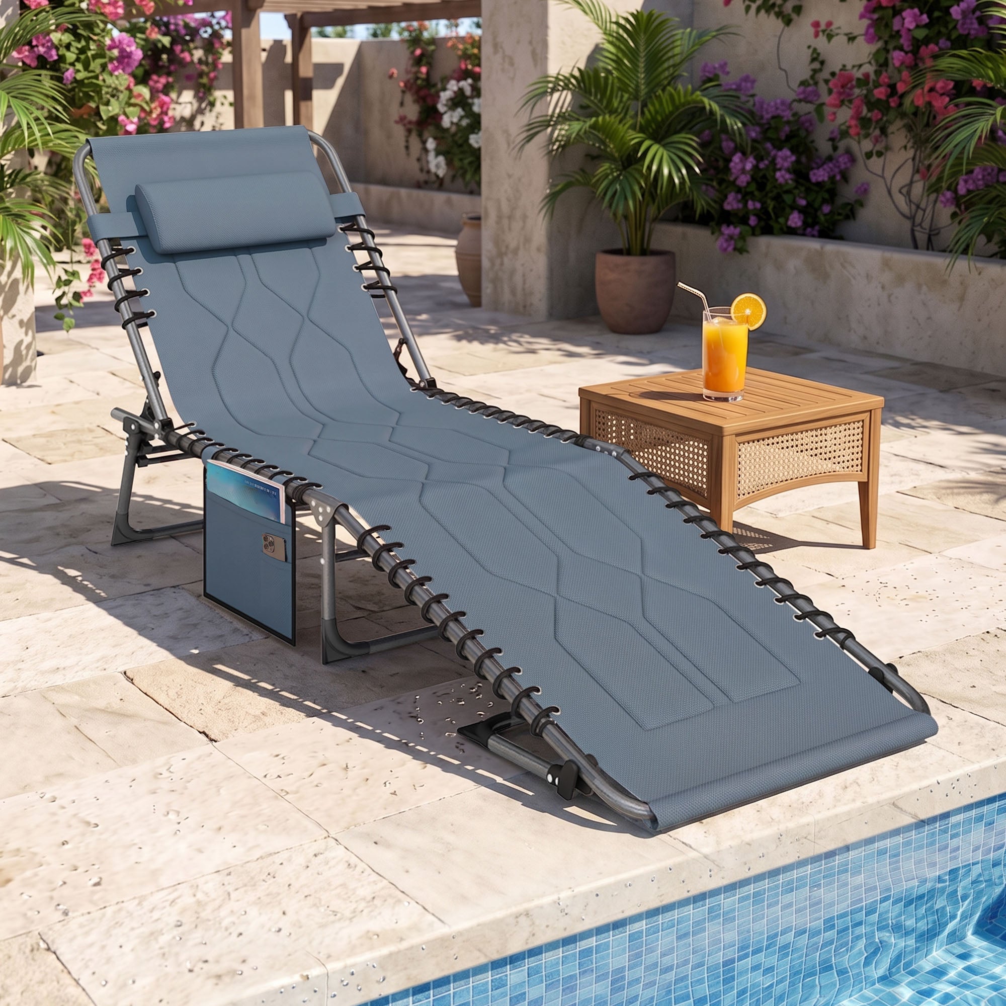 Padded Folding Chaise Lounge Chair, Outdoor 6-Level Reclining Camping Tanning Chair with Headrest for Beach, Yard, Patio, Pool, Gray
