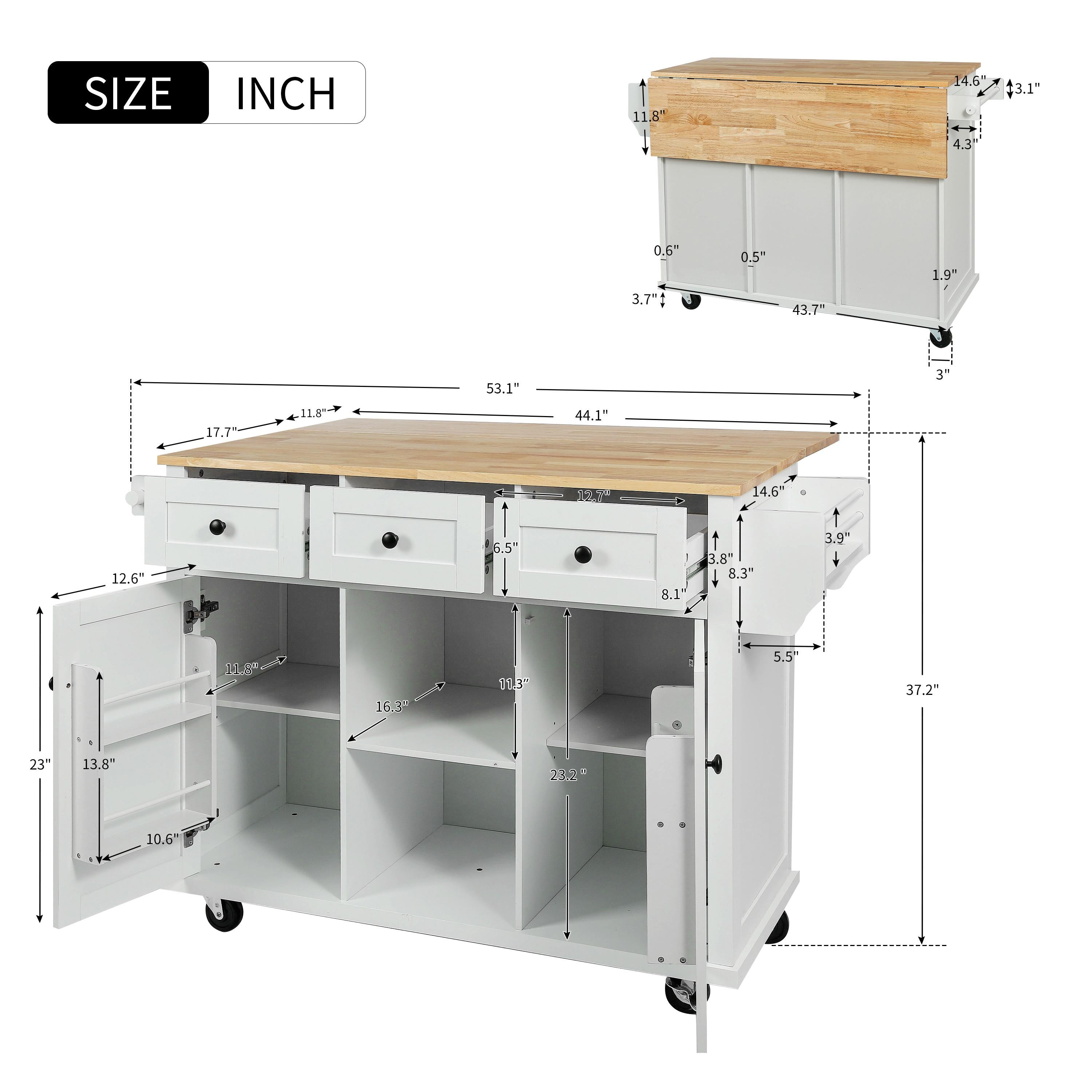 Kitchen Cart with 5 Wheels, 3 Drawers, Storage Cabinet, Central Island with Rubberwood Drop-Leaf Countertop, 53" L x 29.5" W x 37" H, White