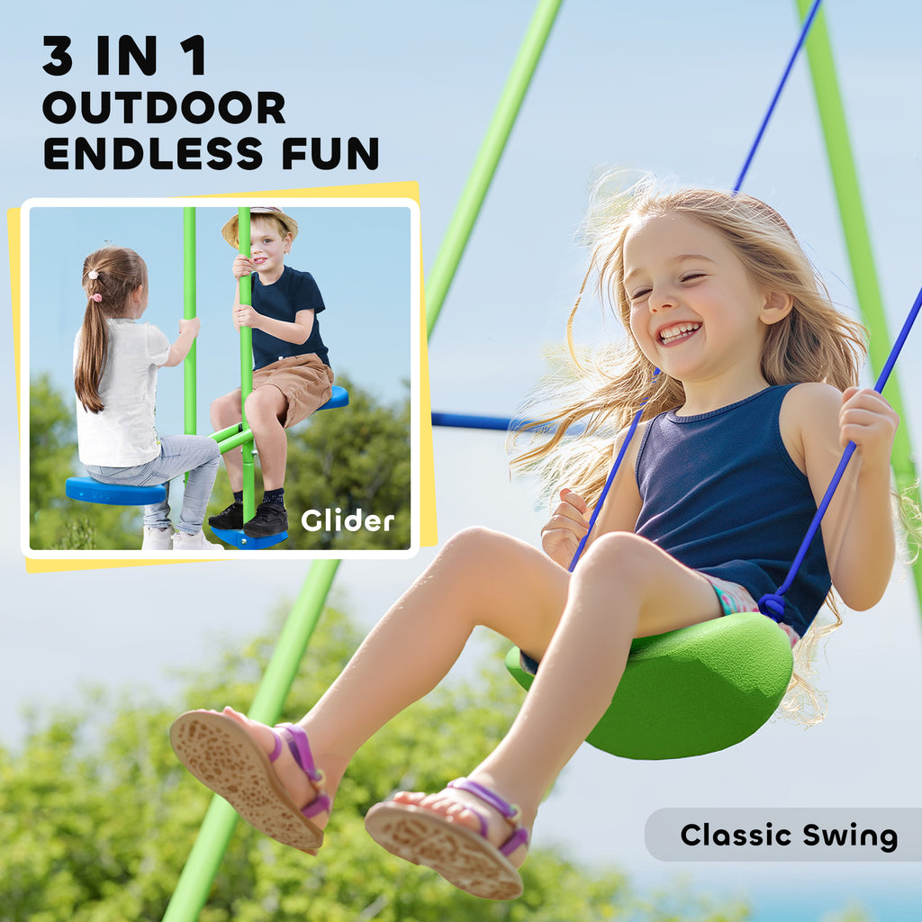 Metal Swing Set with Glider, Two Swing Seats and Adjustable Height, Outdoor Heavy Duty A-Frame Suitable for Playground, Backyard, Green