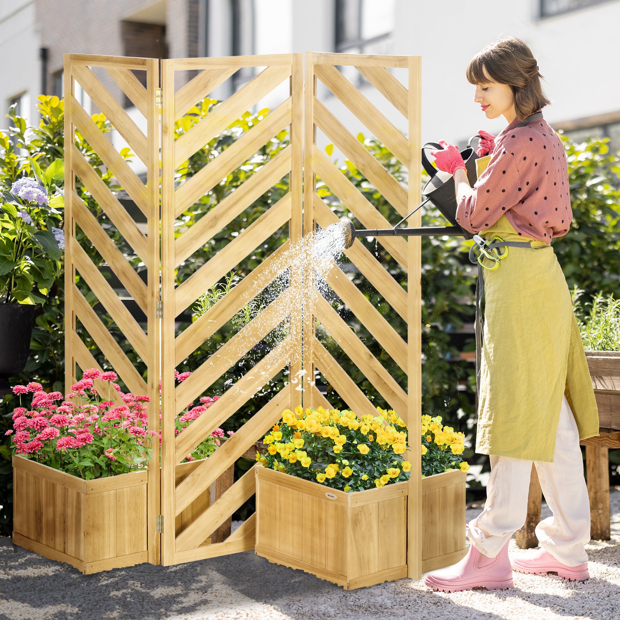 Decorative Outdoor Privacy Screen, Freestanding Divider/Separator with 4 Self-Draining Planters, 3 Trellis Plant Support Panels for Garden Walkway, Backyard, Natural Wood