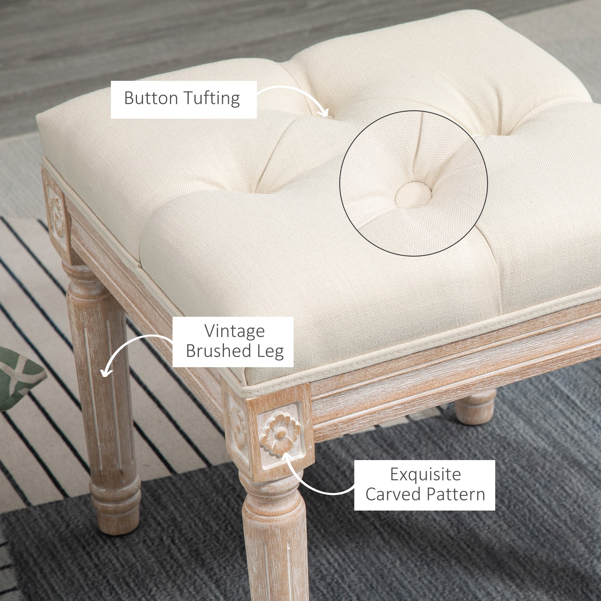 Ottoman Bench Vintage Footrest w/ Button Tufted Seat, Carved Wooden Legs, Beige