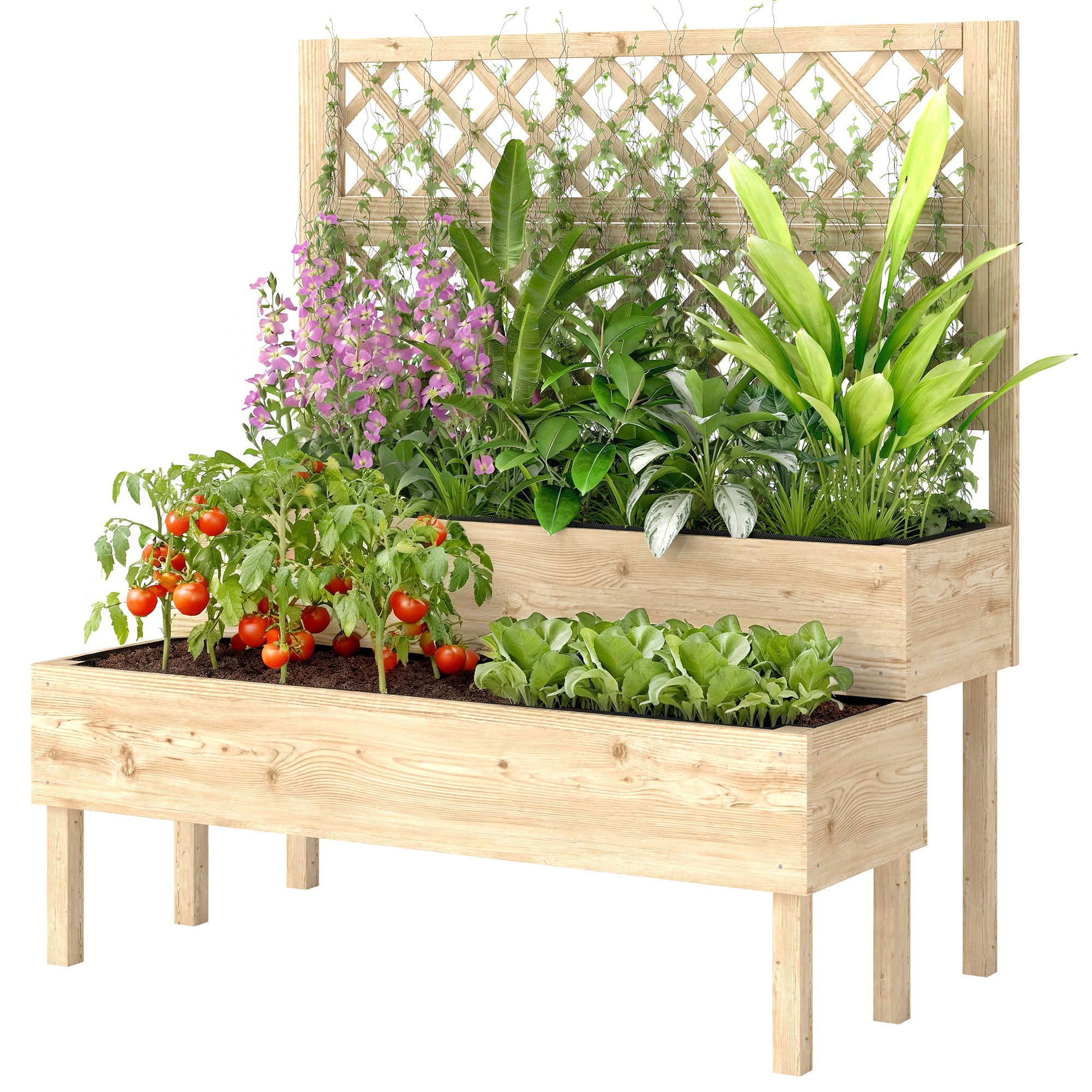2-Tier Raised Garden Bed with Trellis, Elevated Planter Box for Climbing Plants, Natural