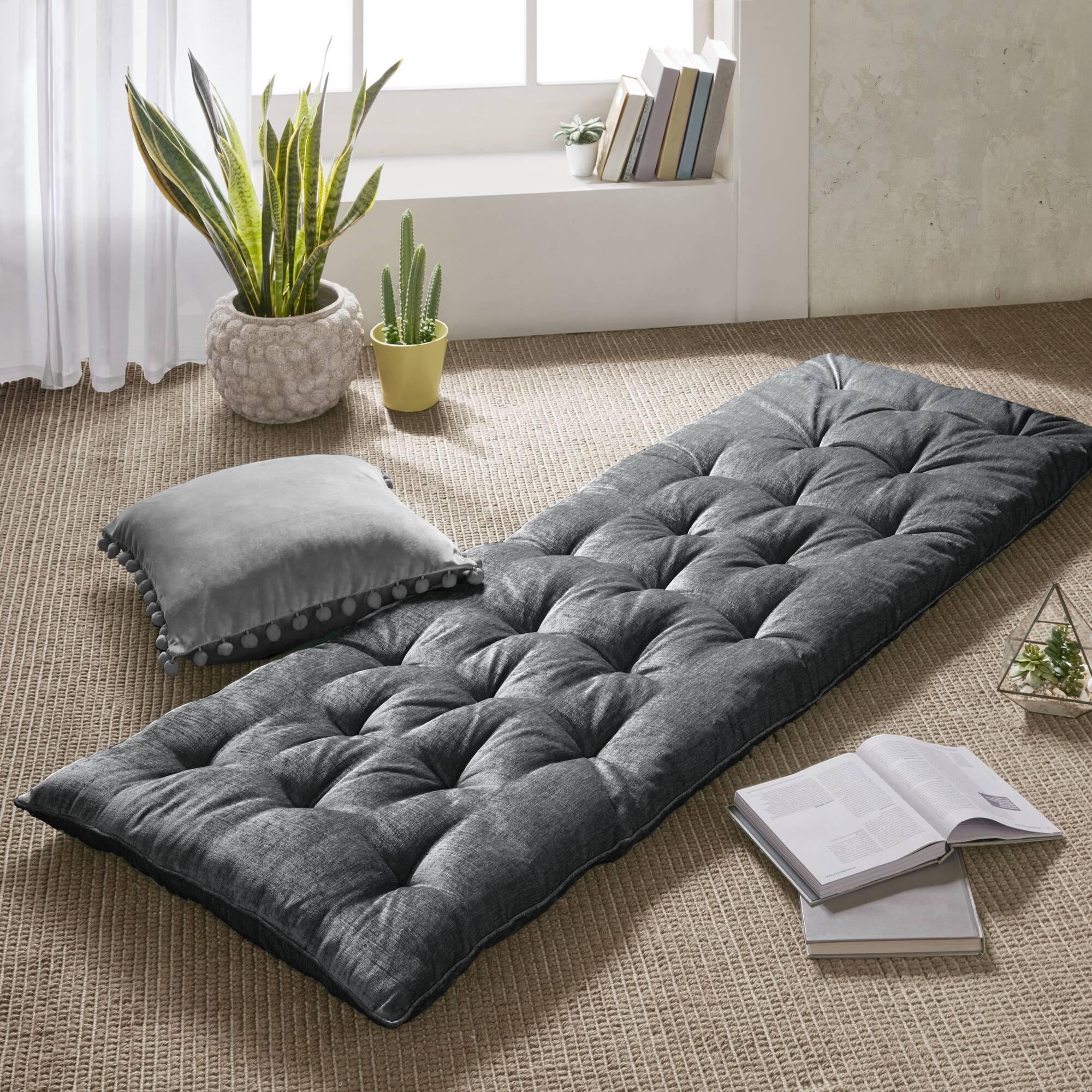 Poly Chenille Lounge Floor Pillow Cushion with 100% Polyester Filling, Tufted Detailing, Self Travel Wrap, 74" L x 27" W x 3" H, Charcoal