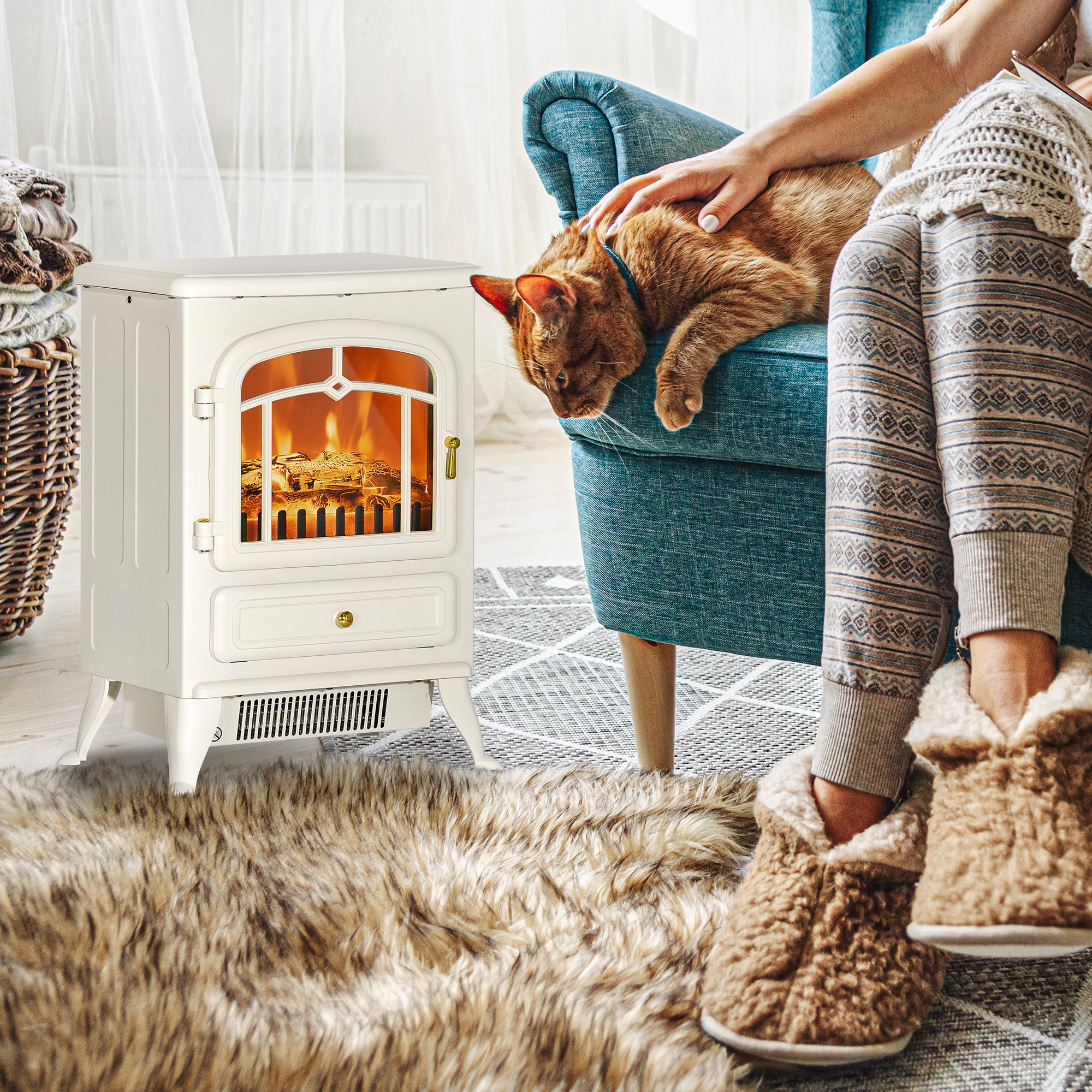 Fireplace Stove, Electric Fireplace Heater with Realistic LED Flames and Logs, 725W/1450W, Beige