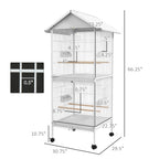 Wrought Metal Bird Cage Feeder with Rolling Stand Perches Food Containers Doors Wheels 67" H, White