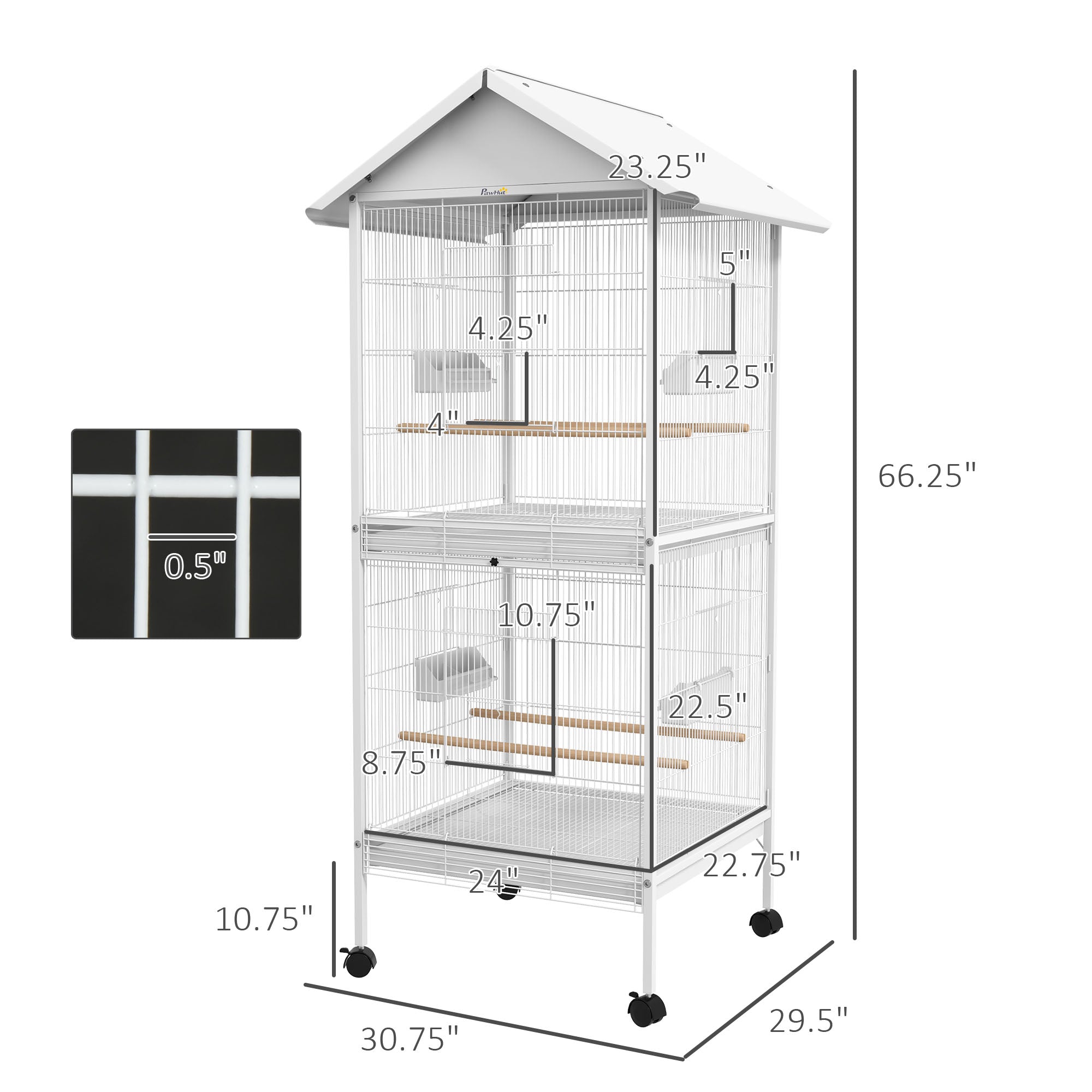 Wrought Metal Bird Cage Feeder with Rolling Stand Perches Food Containers Doors Wheels 67" H, White