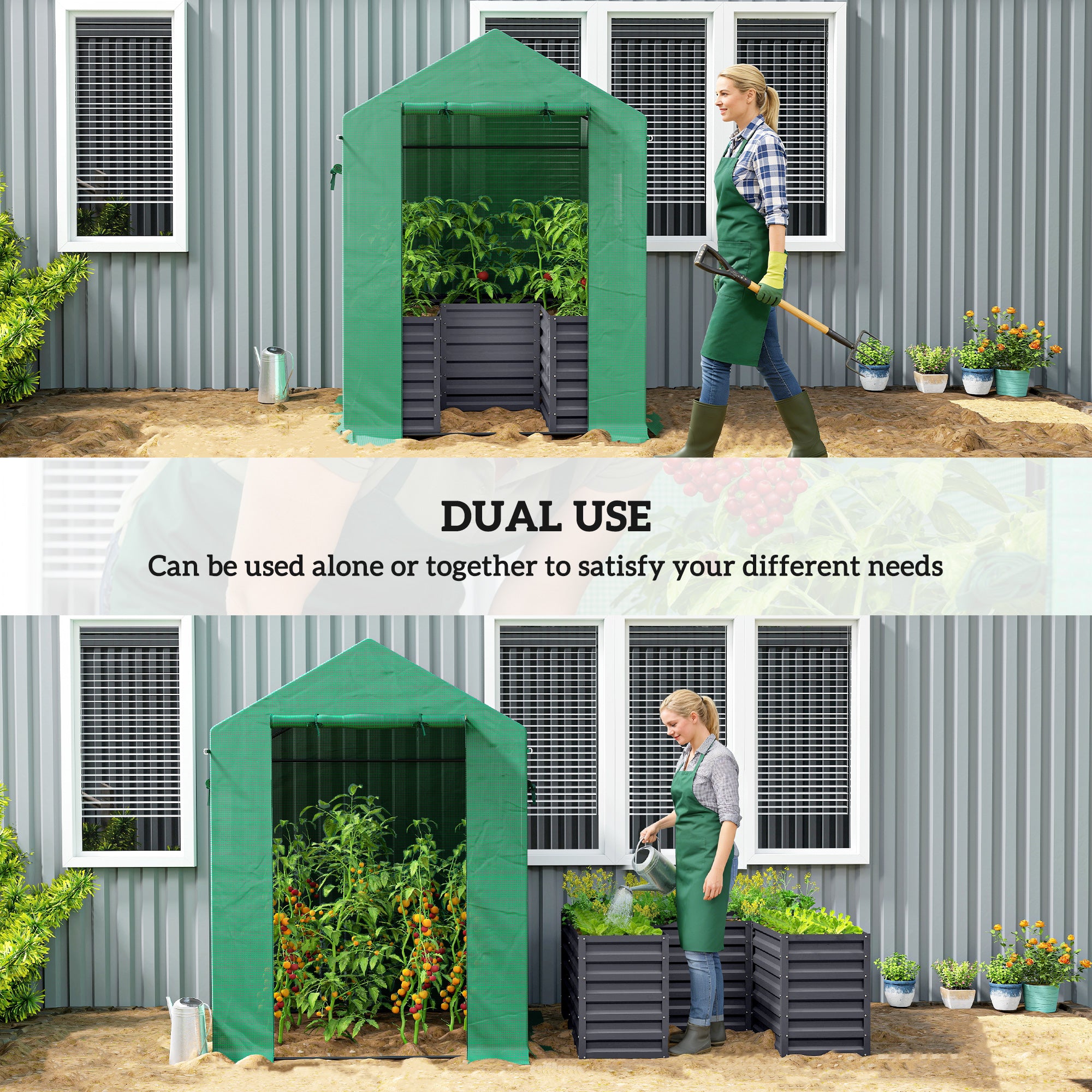 Greenhouse with Raised Garden Bed, Galvanized Steel Outdoor Greenhouse with Roll Up Door, 56" x 56" x 75", Dark Gray