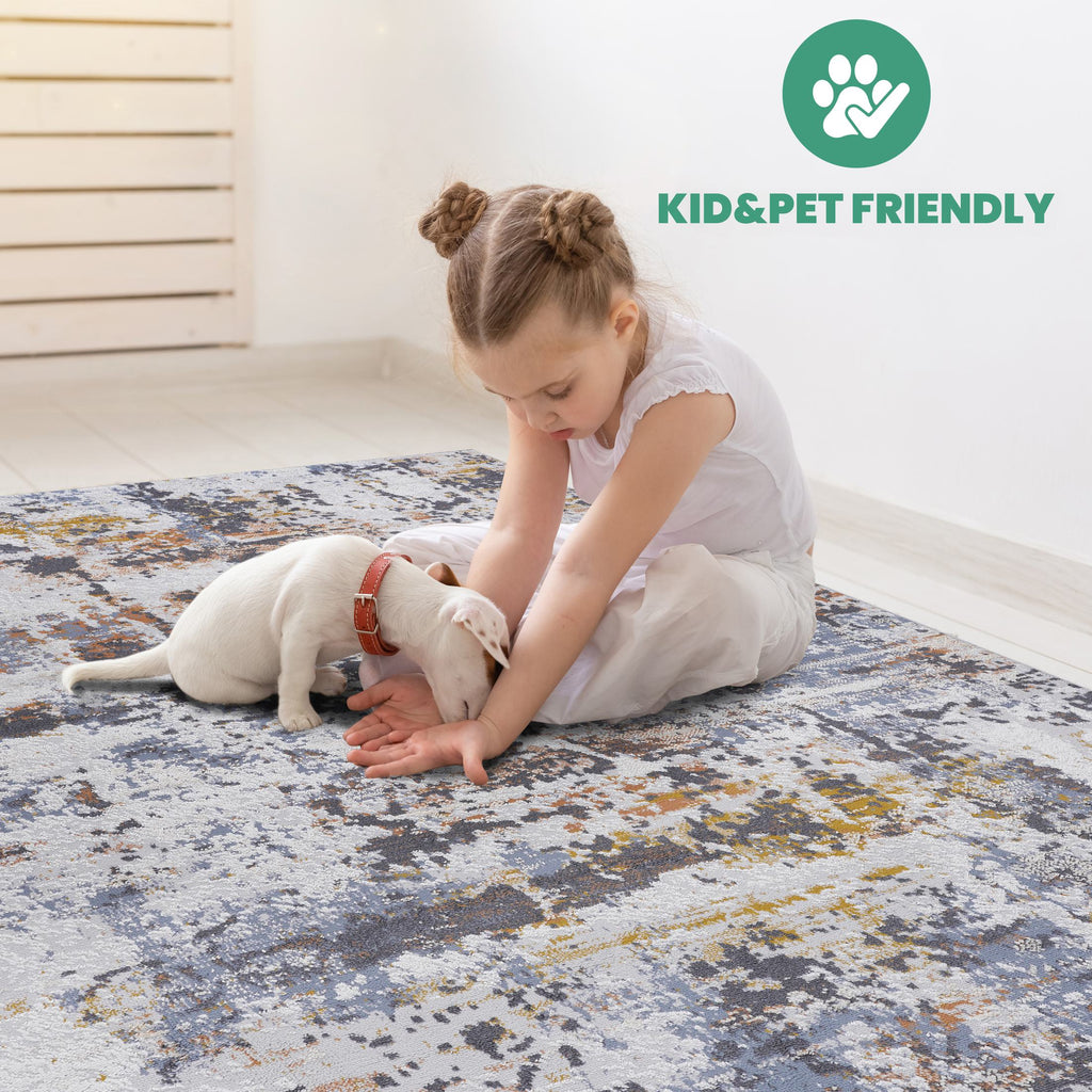 Naar 8x10 Abstract Stain-Resistant Area Rug with Cotton Backing, Carpet for Living Room, Dining, Home Office, 120" L x 93" W x 0.3" H, Ivory+Navy
