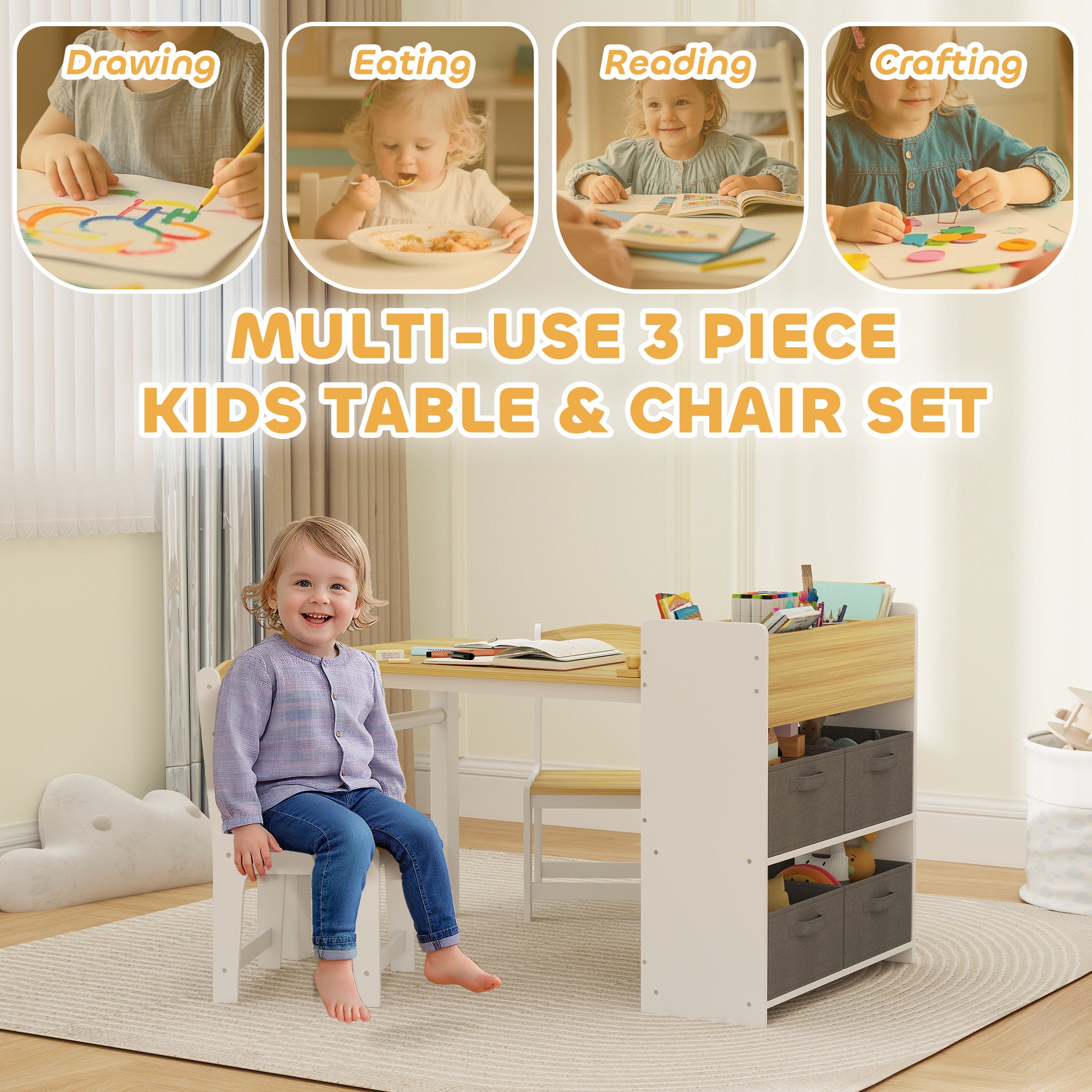 Kids Desk and Chair Set with Paper Roll, Kids Activity Craft Table with Storage Shelves and Drawers, Natural Wood