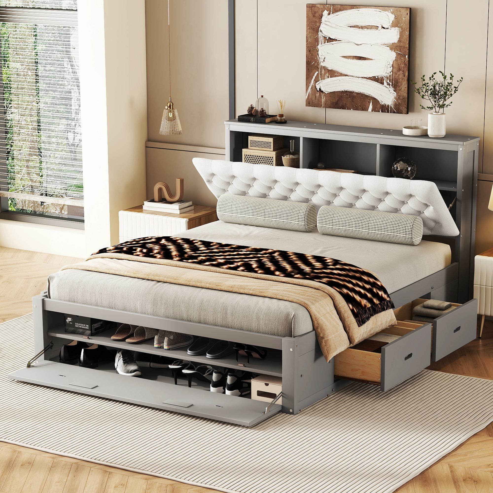Wood Queen Size Platform Bed with Storage Headboard, Shoe Rack, and 4 Drawers, 90.5" L x 63" W x 43" H, Gray