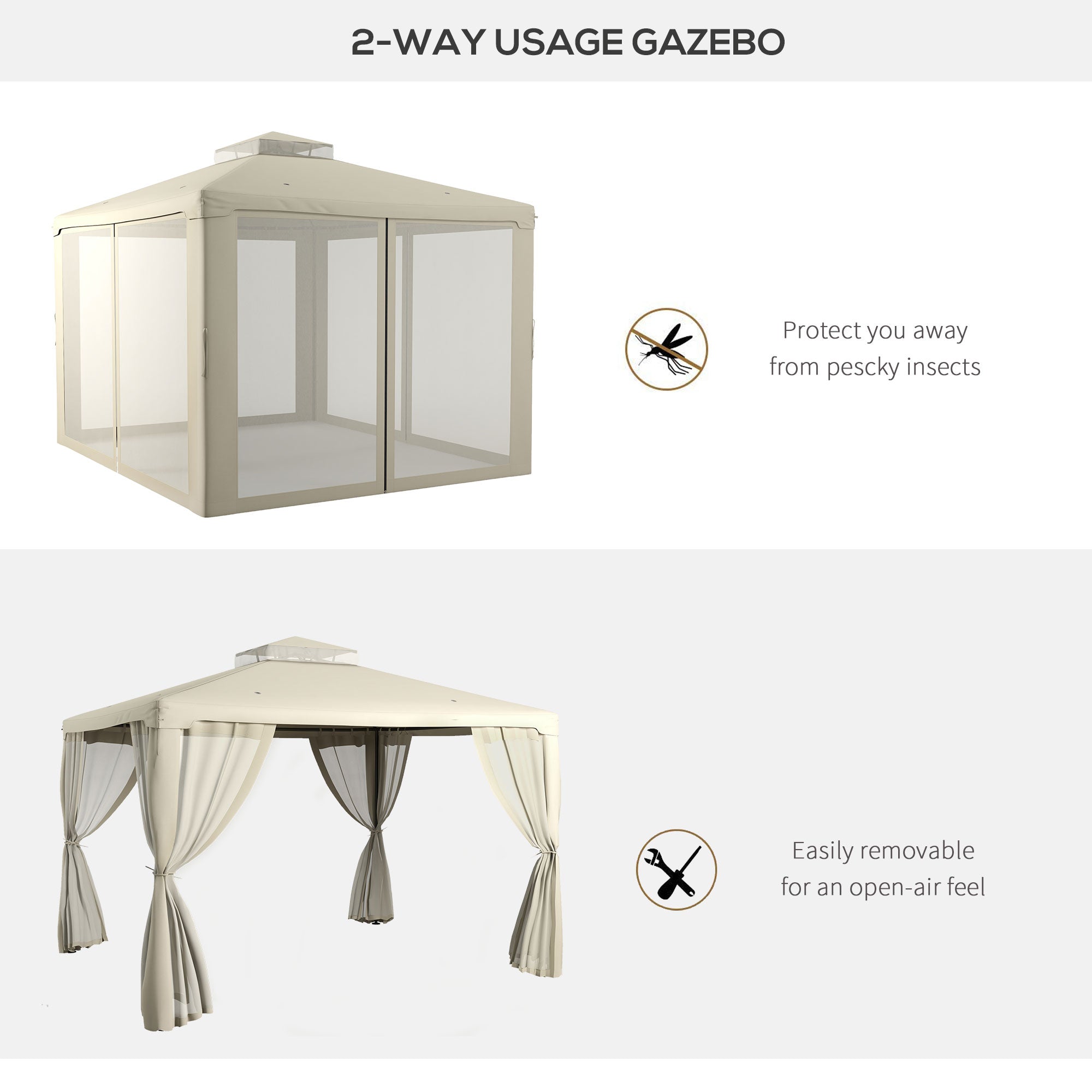 9.6' x 11.6' Patio Gazebo Outdoor Canopy Shelter with 2-Tier Roof and Netting, Steel Frame for Garden, Cream White