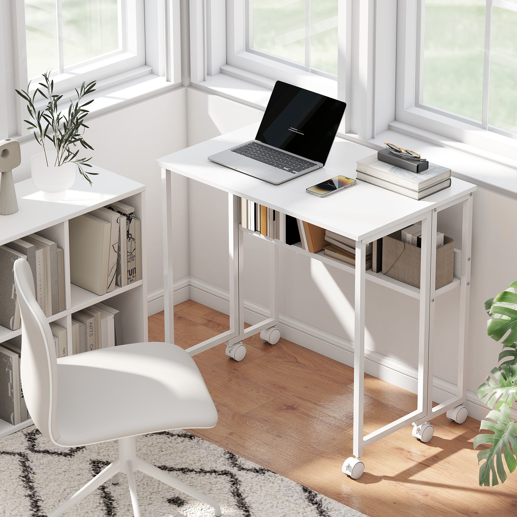 Folding Computer Desk, Foldable Desk with Storage Bag, Shelf and Wheels for Small Spaces, Home Office, White
