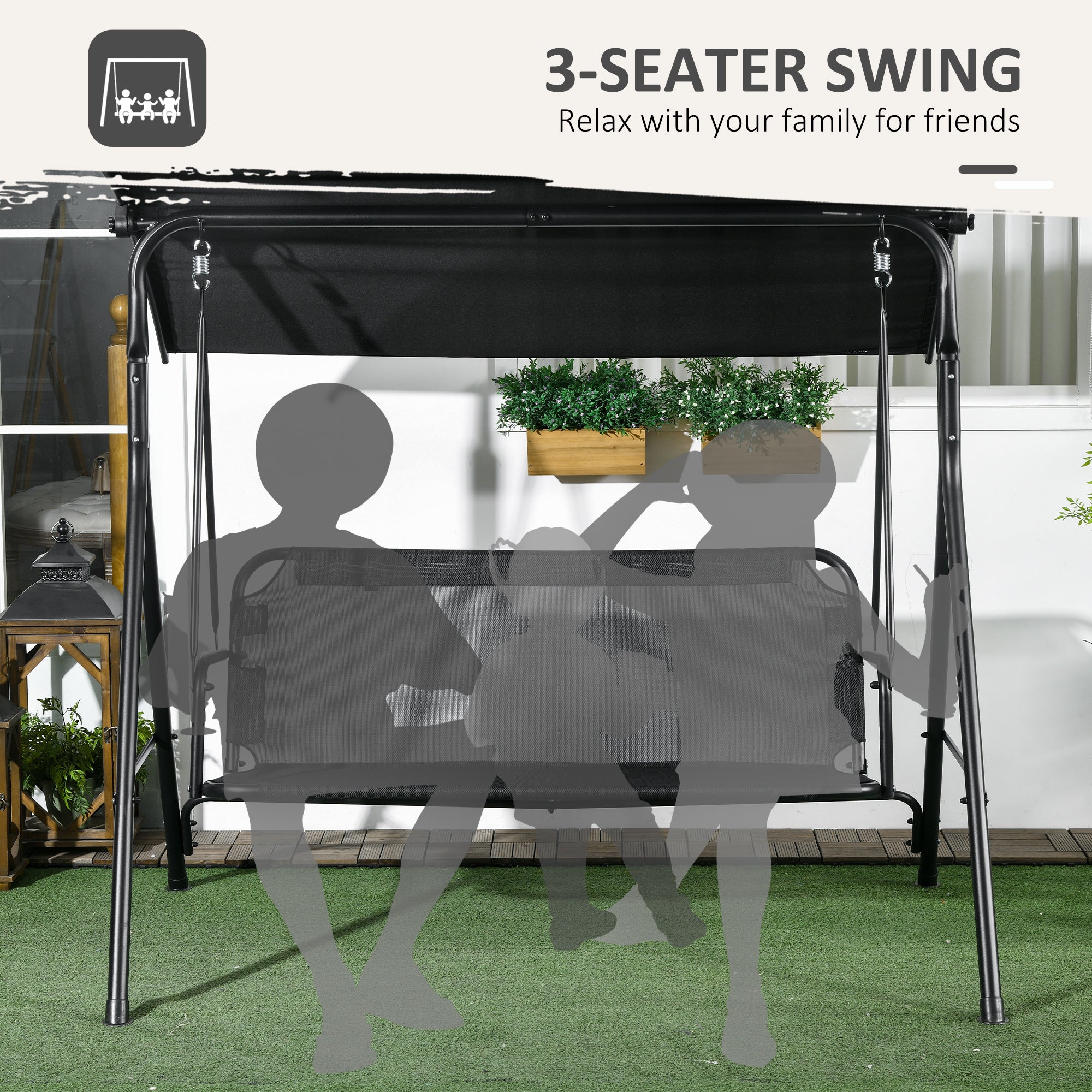 3-Seat Outdoor Patio Swing Chair w/ Cushion, Steel Frame Stand, Adjustable Tilt Canopy for Patio, Garden, Black 1