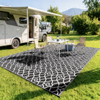 Reversible Outdoor Rug Carpet RV Camping Rugs with Carry Bag, 9' x 18', Black & White Clover