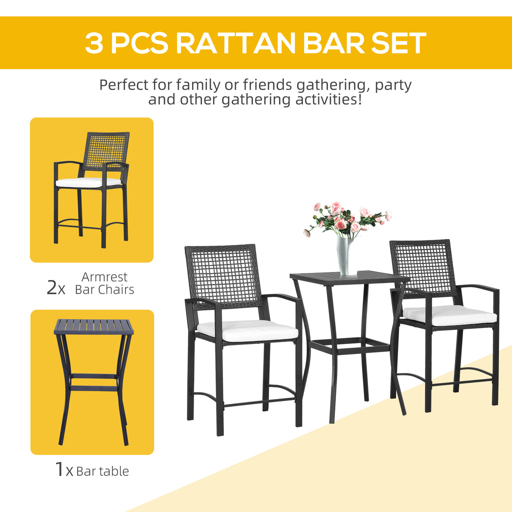 3pcs Patio Bar Set with Soft Cushion, Rattan Wicker Outdoor Furniture Set for Backyards, Lawn, Deck, Poolside