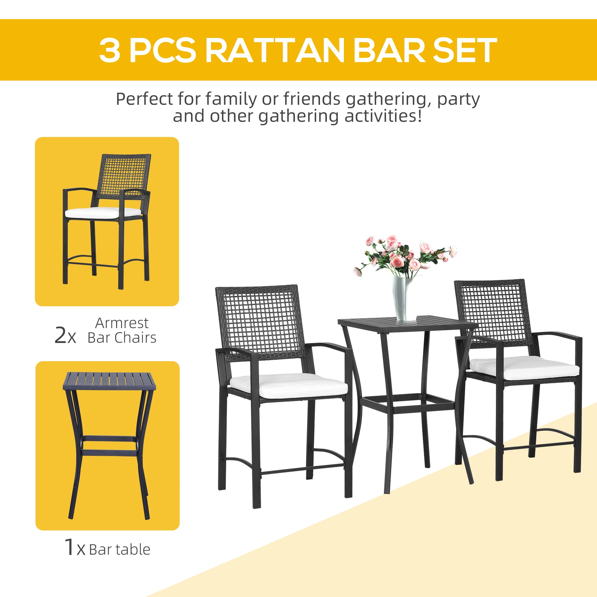 3pcs Patio Bar Set with Soft Cushion, Rattan Wicker Outdoor Furniture Set for Backyards, Lawn, Deck, Poolside