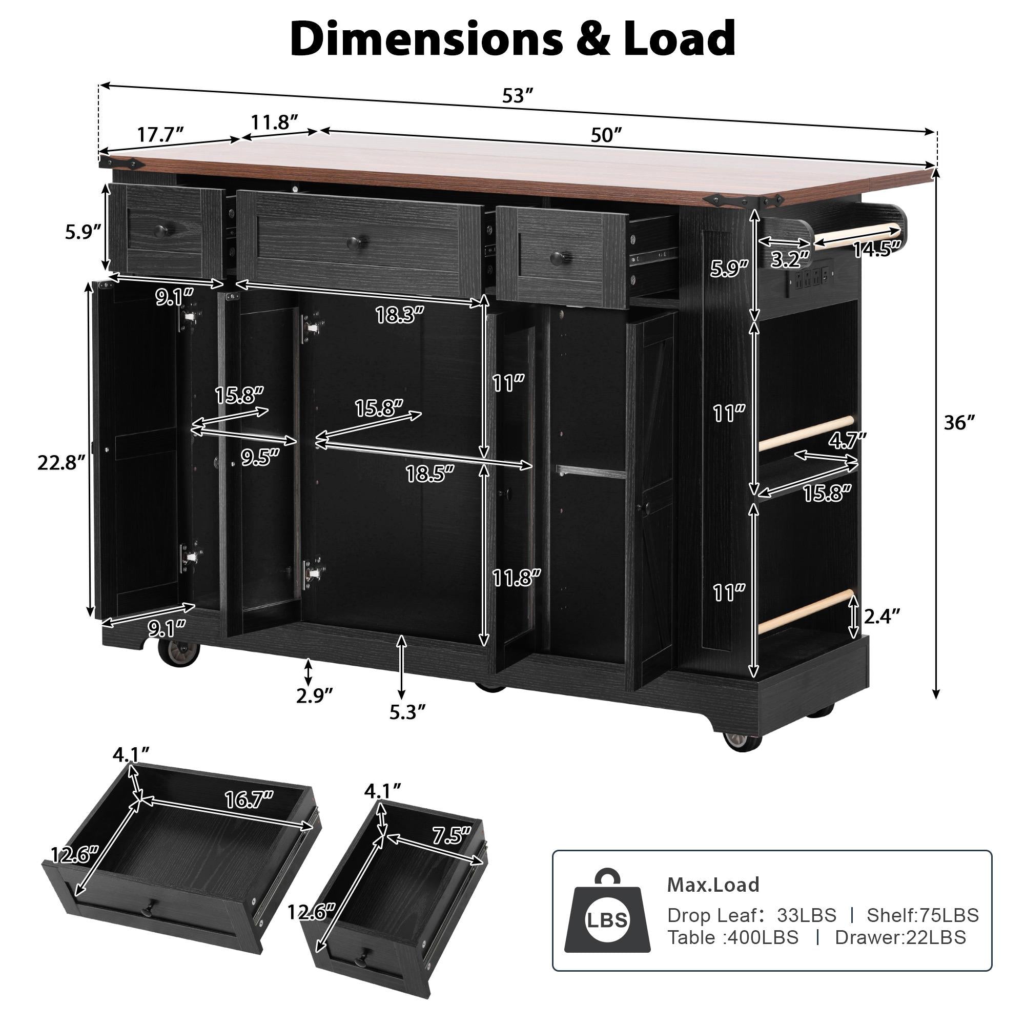 Farmhouse Kitchen Island with Tempered Glass Doors, Power Outlet, Rolling Cart with Drop Leaf, 5 Racks, 3 Drawers, 53" L x 29.5" W x 36" H, Black