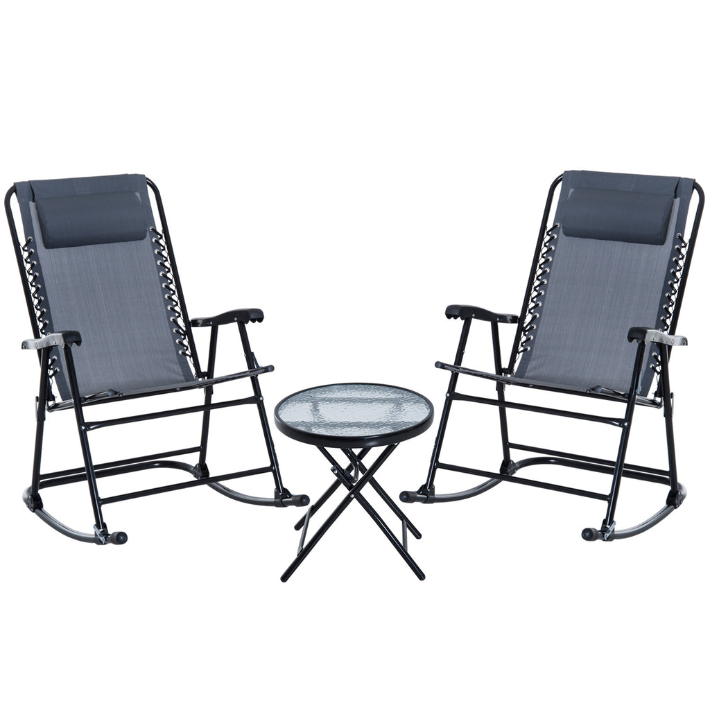Outdoor Folding Rocking Chair Patio Table Seating Set, 2 Rocking Chairs with Armrests and 1 Side Table with Tempered Glass - Gray