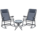 Outdoor Folding Rocking Chair Patio Table Seating Set, 2 Rocking Chairs with Armrests and 1 Side Table with Tempered Glass - Gray